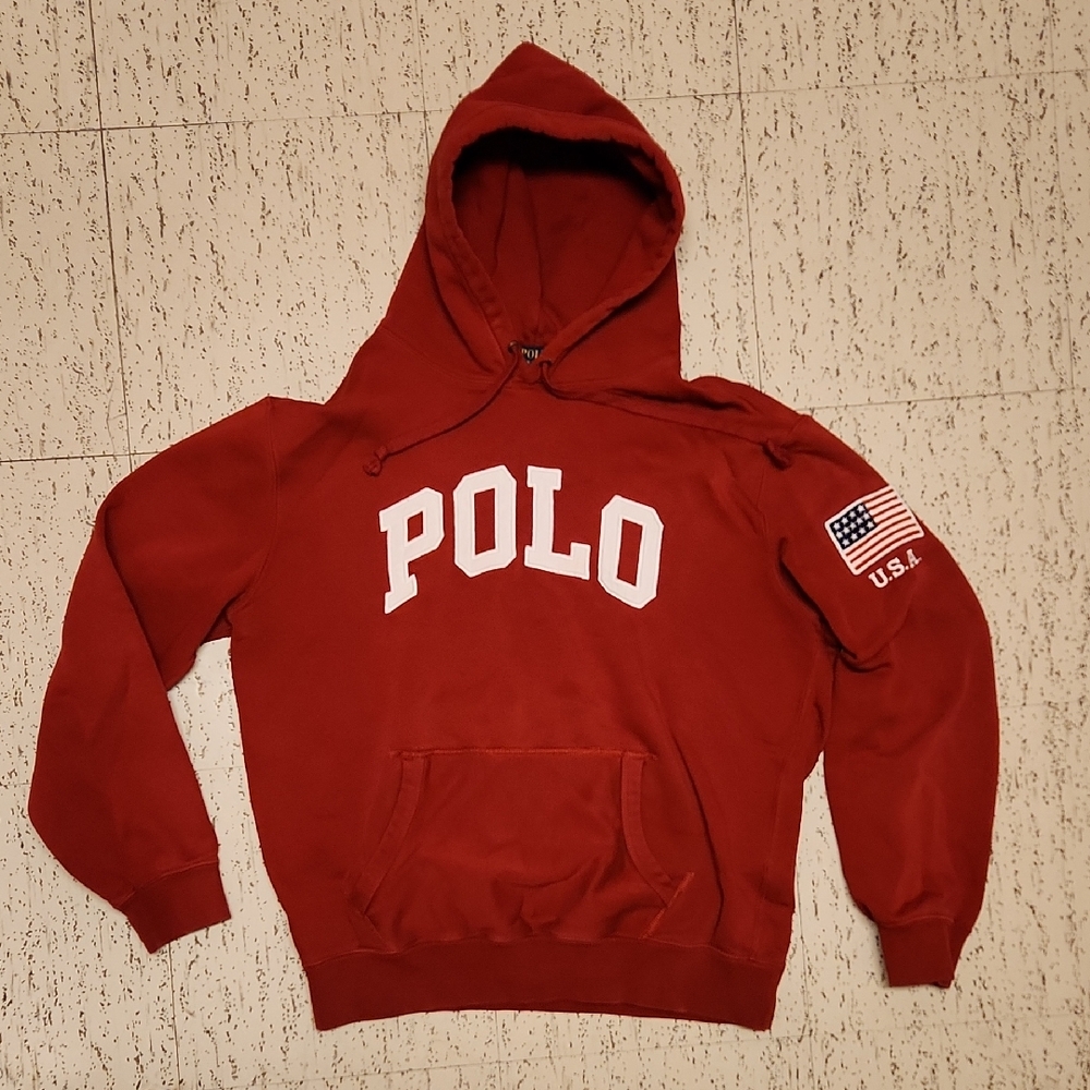 Polo Ralph Lauren Red Embroidered Big Spellout Logo U.s.a Flag Pullover Hoodie